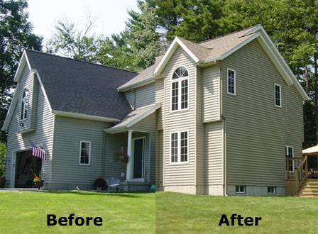 The vinyl siding on this house was restored with Vinyl ReNu and it was also re-shingled.