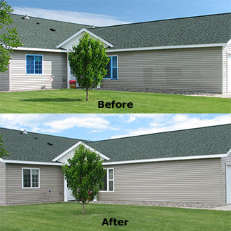 This house had chalky, splotchy, faded vinyl siding before it was restored using Vinyl ReNu. The vinyl siding now looks like the day it was installed.